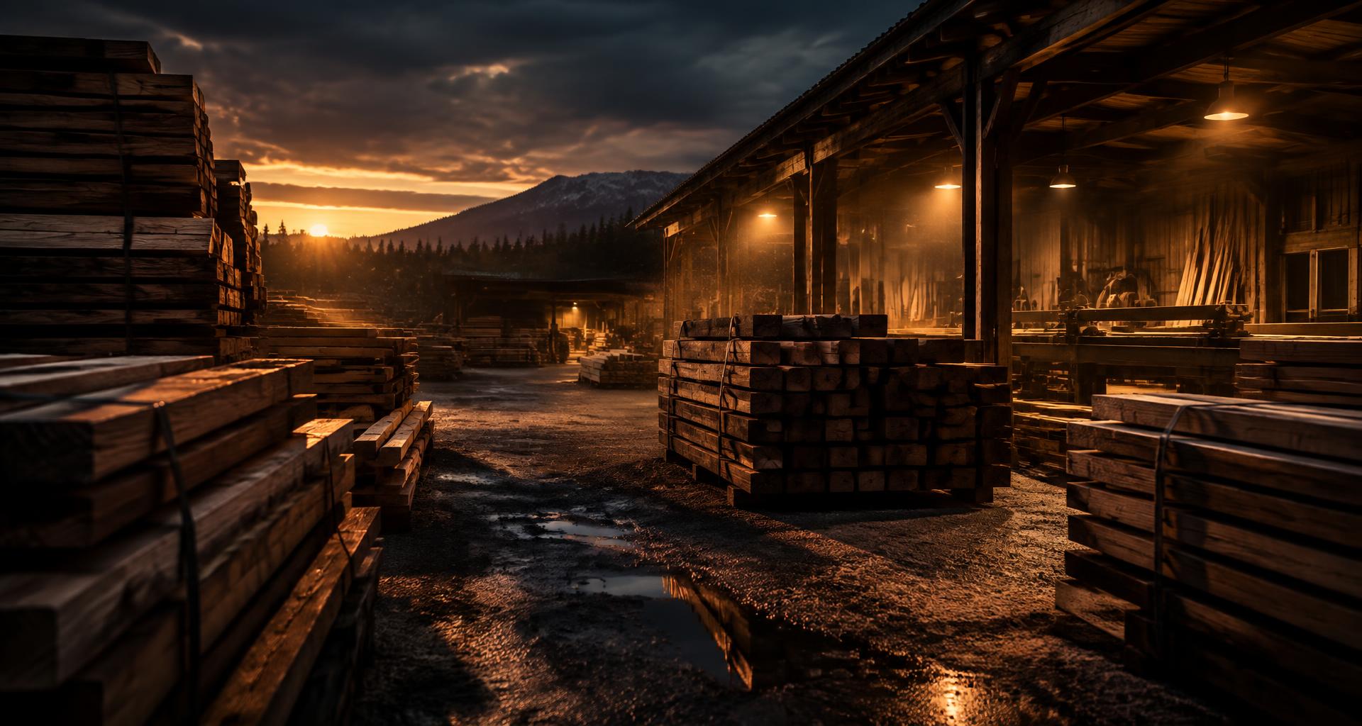 Depósito de maderas de Vikingo Maderas al atardecer